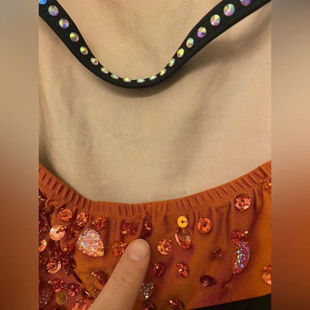 Glamour solo dance costume orange black one sleeve rhinestones MA medium adult